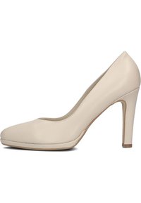Beige high-heeled pump with a rounded toe, smooth leather material, and a slim heel. Minimalist design with a subtle textured finish.