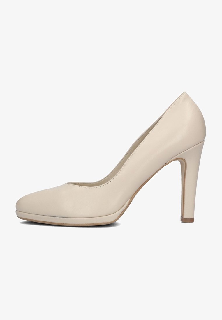 Beige high-heeled pump with a rounded toe, smooth leather material, and a slim heel. Minimalist design with a subtle textured finish.