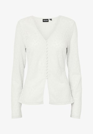 Fehér testhez simuló hosszú ujjú blúz V-nyakkivágással, elöl bevont anyagból készült gombokkal és finom texturált mintázattal.