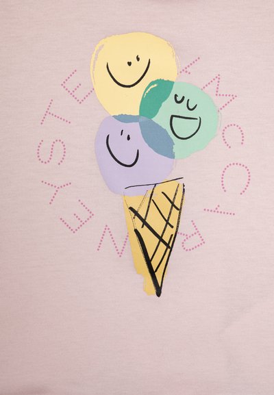 Tela de color rosa claro con un cono de helado que tiene tres bolas de helado coloridas y sonrientes: amarilla, verde y púrpura, junto con texto en puntos rosas.