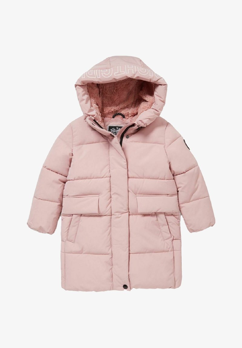 Jasnoróżowy puchowy płaszcz z kapturem, z miękkim futerkiem wewnątrz, zapinany na zatrzaski i z dwoma przednimi kieszeniami.