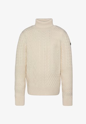 Cremfarbener Rollkragenpullover mit strukturierten Zopfmuster, gerippten Bündchen und Saum. Hergestellt aus einem weichen, dicken Strickmaterial.