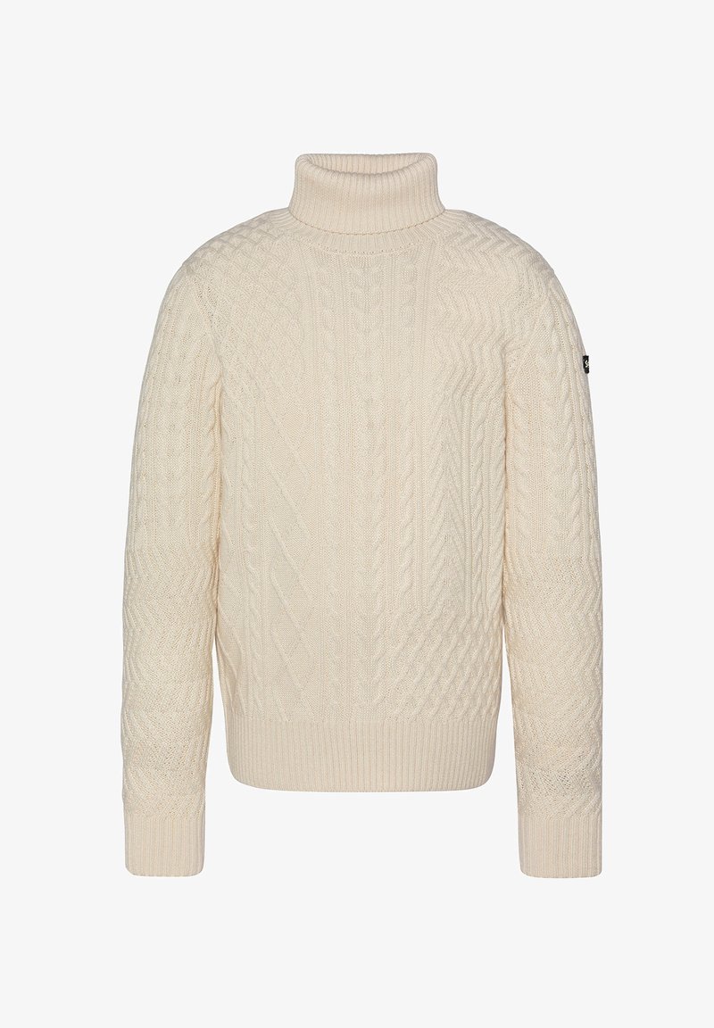 Suéter de cuello alto crema que presenta patrones texturizados de trenza, con puños y dobladillo acanalados. Hecho de un material de punto suave y grueso.