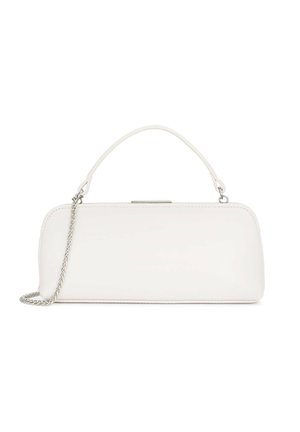 White rectangular handbag with short handle and silver chain strap, smooth finish, and metal clasp closure on top.