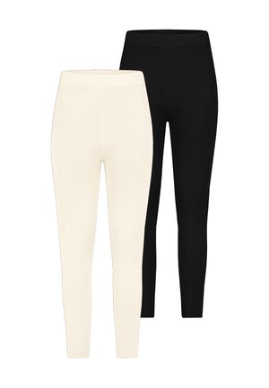Two pairs of ribbed leggings: one in ivory and one in black. Both feature a fitted design and elastic waistband, demonstrating a smooth texture.