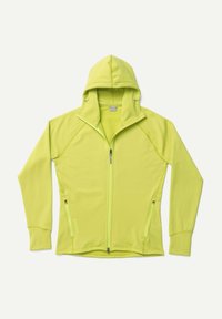 Bright yellow zippered jacket with a hood, featuring two zippered pockets, raglan sleeves, and smooth, textured fabric.