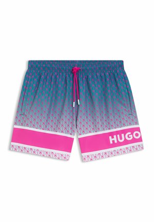 Costume da bagno con motivo di palme turchese e rosa, coulisse rosa, ampie strisce rosa vicino all'orlo e "HUGO" stampato sulla gamba sinistra.