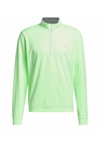 Pullover verde chiaro a maniche lunghe con collo a mezza zip, realizzato in tessuto morbido, con un piccolo logo riflettente sul petto.