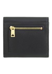 Portafoglio in pelle nera con una texture liscia, dotato di una tasca con zip dorata e dettagli di cucitura sottili. Forma rettangolare compatta.