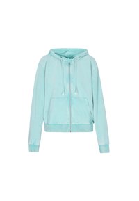 Felpa cropped con zip di un leggero color teal, realizzata in tessuto morbido, con cappuccio regolabile, tasche frontali e polsini a coste.
