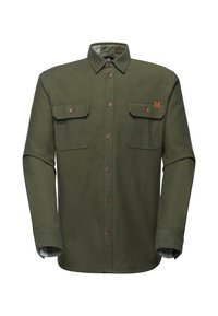 Olijfgroene knoopshirt, gemaakt van gestructureerde stof, met twee borstzakken, bruine knopen en een geruite voering in de kraag en manchetten.