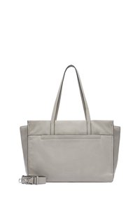 Szara skórzana torba tote z dwoma uchwytami, prostokątny kształt, elegancki design, przednia kieszeń oraz odczepiany pasek na ramię.