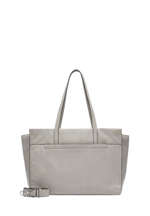 Szara skórzana torba tote z dwoma uchwytami, prostokątny kształt, elegancki design, przednia kieszeń oraz odczepiany pasek na ramię.