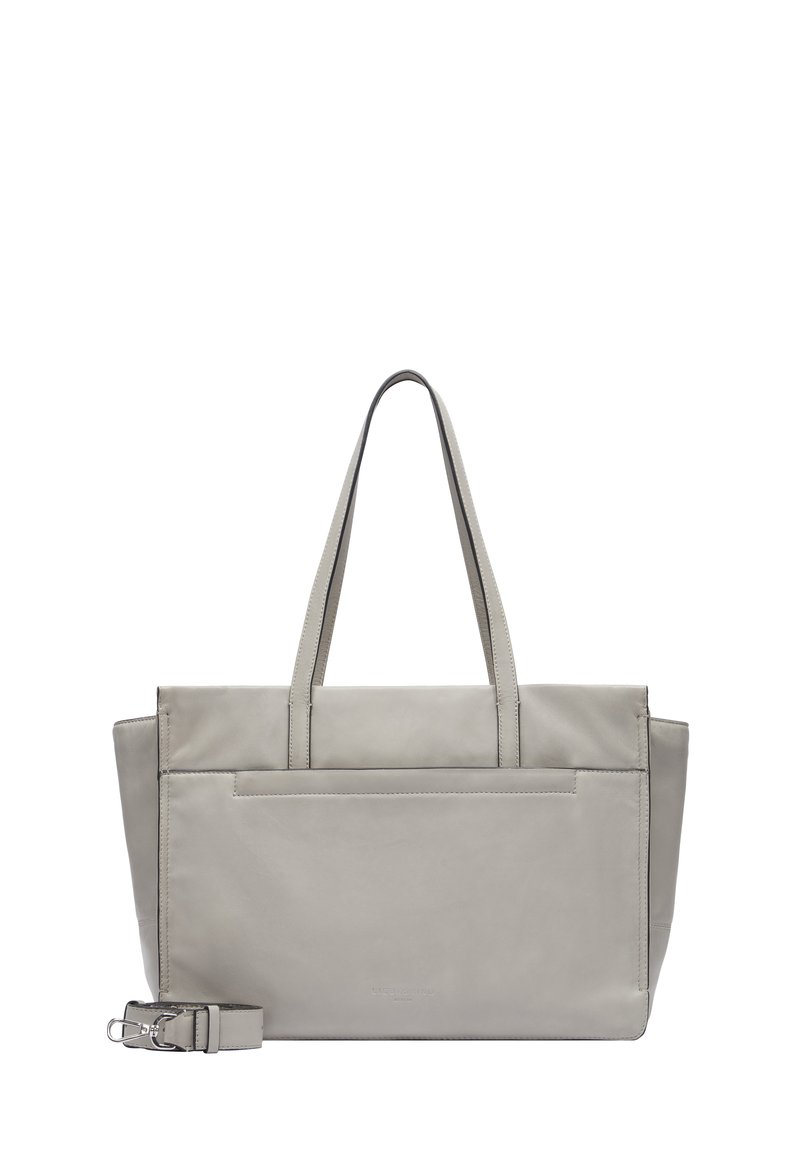 Szara skórzana torba tote z dwoma uchwytami, prostokątny kształt, elegancki design, przednia kieszeń oraz odczepiany pasek na ramię.