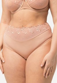 Beige high-waisted onderbroeken met een kanten tailleband met bloemenpatroon. Gladde stof met een eenvoudig ontwerp en delicate randafwerking.