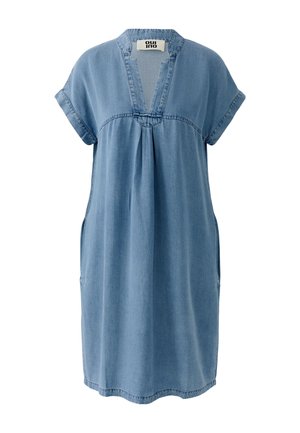 Lichtblauwe denim jurk tot op de knie met korte mouwen, V-hals, plooien aan de voorkant en zijzakken.