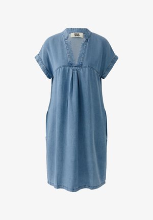 Lichtblauwe denim jurk tot op de knie met korte mouwen, V-hals, plooien aan de voorkant en zijzakken.