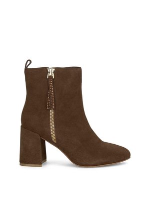 Brown suede ankle boots with a block heel, featuring a side zipper adorned with hardware accents and a loop for easy pull-on wear.