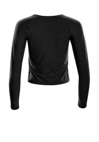 Black long-sleeve top with a fitted design, made of smooth fabric. Features a rounded neckline and a cropped length, with subtle gathering at the back.