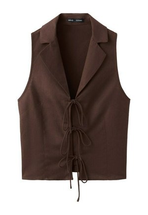 Gilet marron sans manches avec col à revers et trois fermetures à nouer à l'avant, en tissu texturé.