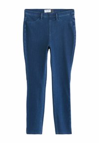 Legginguri de culoare albastru închis, cu o textură netedă, având un design clasic cu cinci buzunare și o silueta ajustată. Fără elemente hardware vizibile.