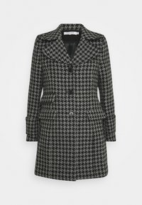 Černobílý kabát s vzorem pepit, se zářezovým límcem, předními knoflíky a bočními kapsami. Úzký střih s dlouhými rukávy.