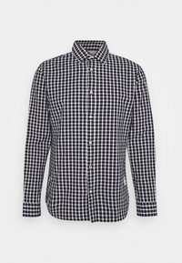 Camicia a maniche lunghe a quadri blu navy e bianca, in cotone, colletto a punta, con bottoni visibili e orlo dritto.