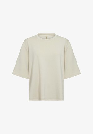 Helles beigefarbenes Oversized-T-Shirt aus weicher Baumwolle. Mit Rundhalsausschnitt und kurzen Ärmeln. Einfaches Design ohne sichtbare Logos oder Muster.