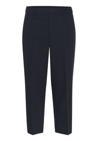 Pantalons habillés navy avec une coupe ajustée, confectionnés en tissu lisse, présentant une taille plate, des passants de ceinture et des jambes droites.