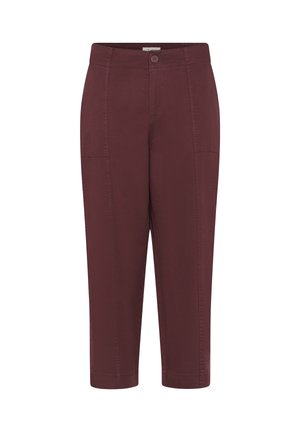Maroon cropped trousers made of cotton blend, featuring a flat front, button closure, and side pockets with clean stitching details.