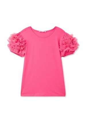 T-shirt rosa con maniche corte e dettagli in tulle a strati. Collo rotondo e tessuto morbido per un indossare confortevole.