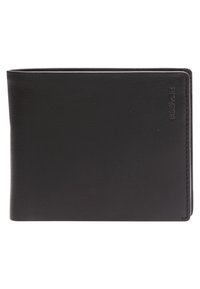 Černá kožená peněženka s jednoduchým a elegantním designem. Má skládací tvar a vyražený detail loga. Hladký povrch s prošitými okraji.