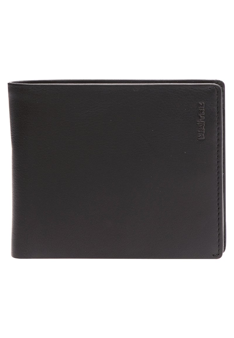 Černá kožená peněženka s jednoduchým a elegantním designem. Má skládací tvar a vyražený detail loga. Hladký povrch s prošitými okraji.