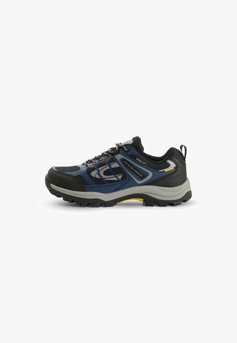 Outdoor shoes featuring a dark blue mesh upper, black rubber toe cap, grey midsole, and textured outsole with yellow accents.