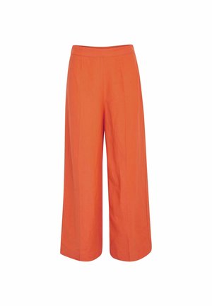 Oranžās plati legas bikses, izgatavotas no viegla auduma. Iespējama ērta jostasvieta un strukturēti krokas, lai nodrošinātu izsmalcinātu izskatu.