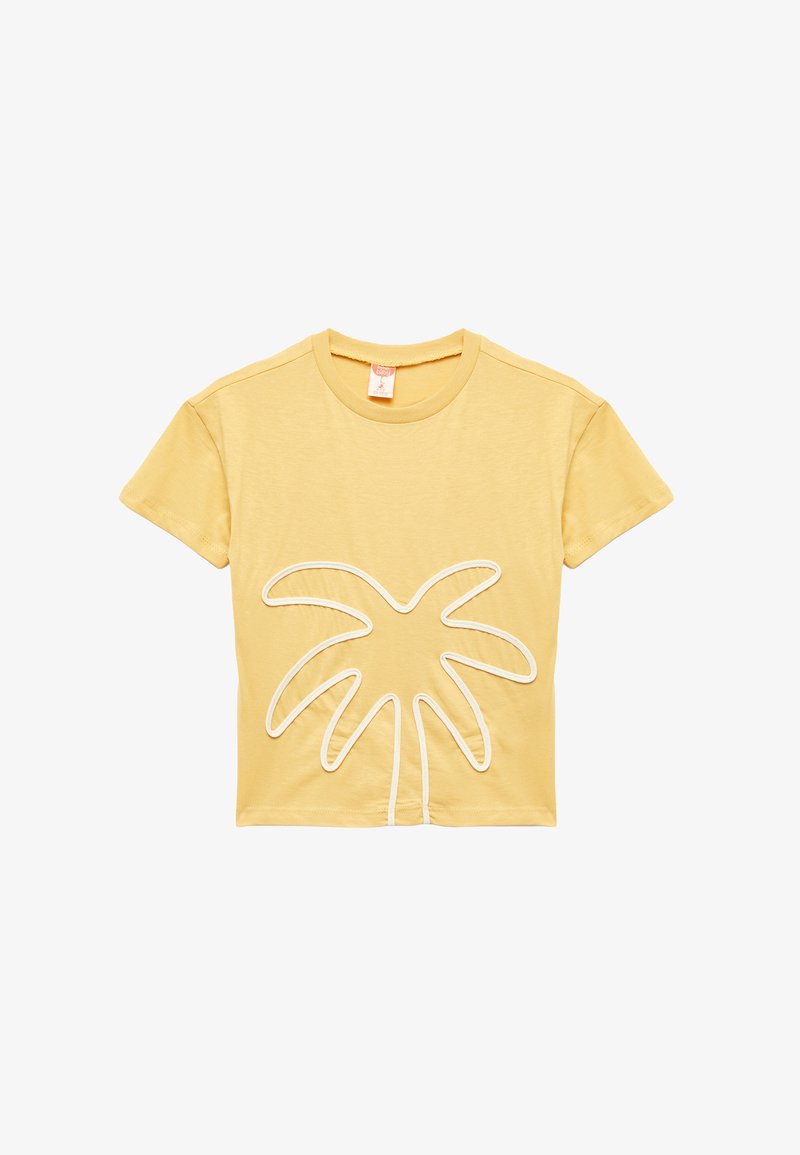 T-shirt giallo a maniche corte per bambini con design di palma contornato in bianco sul davanti e scollo rotondo.