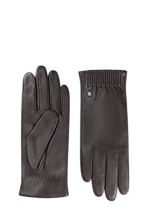 Pair of dark brown leather gloves with stitch detailing on the wrist and a small metal emblem on the back of one glove.