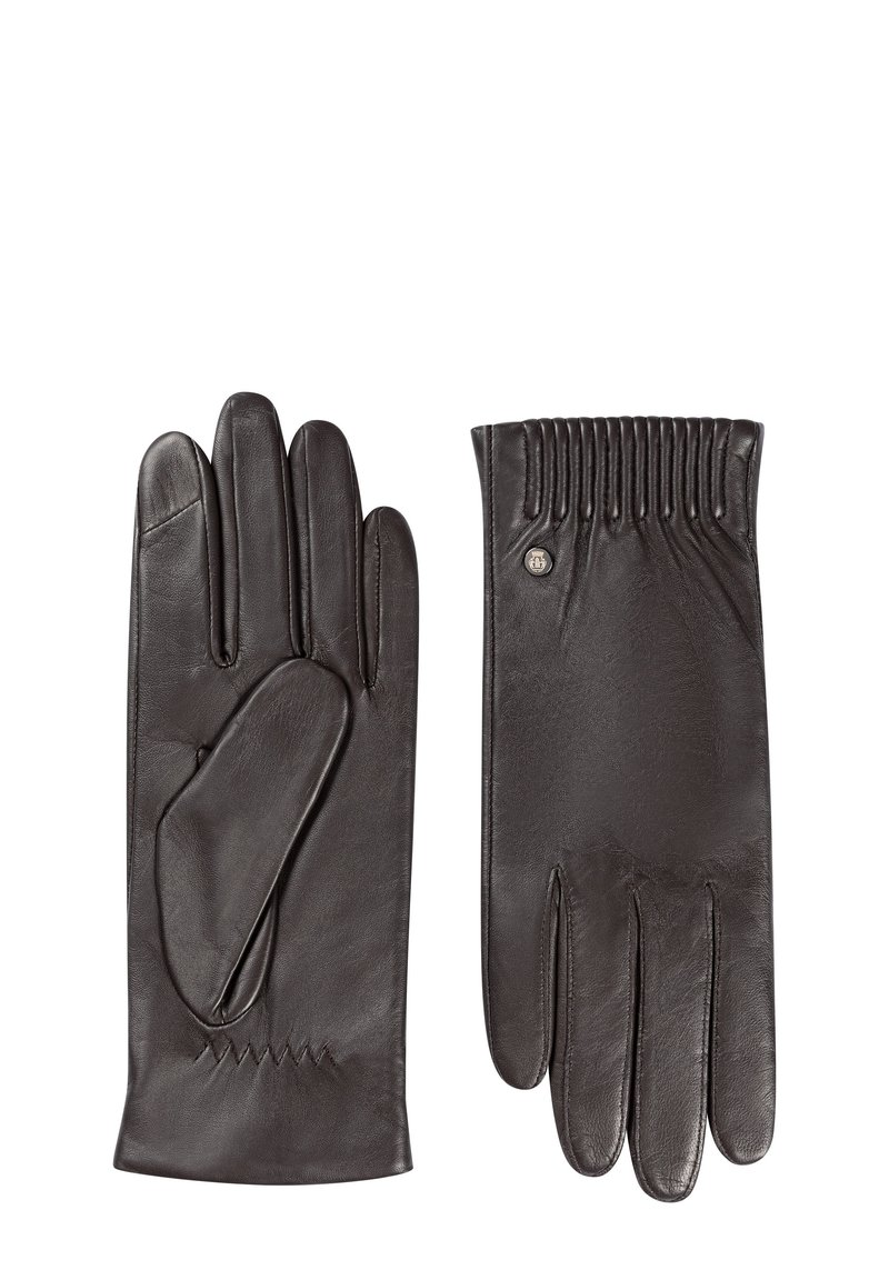 Ein Paar dunkelbrauner Lederhandschuhe mit stitchedetails am Handgelenk und einem kleinen Metallsymbol auf der Rückseite eines Handschuhs.