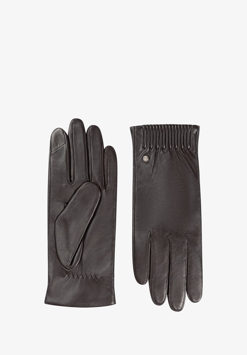 Ein Paar dunkelbrauner Lederhandschuhe mit stitchedetails am Handgelenk und einem kleinen Metallsymbol auf der Rückseite eines Handschuhs.