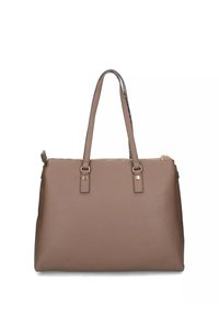 Borsa a mano rettangolare marrone con doppie cinghie per spalle, chiusura con zip dorata e texture in pelle liscia su uno sfondo bianco.