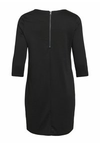 Svart klänning med trekvartslånga ärmar, en dragkedja i ryggen och en jämn textur. Har en rak skärning och sidslitsar för en modern design.