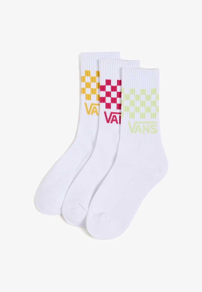 Calzini bianchi a manica corta con un design a costine, decorati con motivi a scacchi colorati in giallo, rosa e verde, e il logo "VANS".