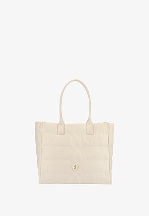 Borsa a spalla trapuntata crema con due manici robusti, dotata di un logo goffrato sottile e una superficie liscia e lucida.