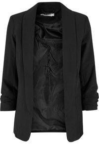 Čierny blazer so štruktúrovaným límcom, jednoposuvným zapínaním a dlhými rukávmi. Interiér má elegantnú čiernu podšívku, žiadne vrecká ani ozdoby.