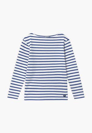Long-sleeve white shirt with evenly spaced horizontal blue stripes and a small round black logo near the bottom hem.