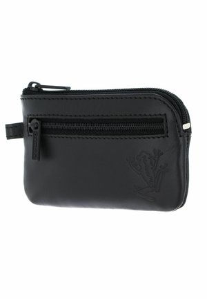Black leather zippered pouch with front zipper pocket and embossed frog design on a white background.