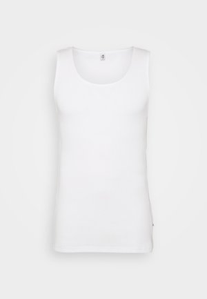 Valge ribaga kampsun, millel on ümar kaelus, laiad õlapaelad ja sirge allosa. Valmistatud puuvilla segumaterjalist.