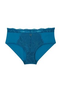 Mutande hipster color teal con un bordo in pizzo e un motivo floreale, accentata da un dettaglio metallico centrale e una trama liscia in tutto il capo.