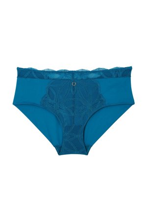 Mutande hipster color teal con un bordo in pizzo e un motivo floreale, accentata da un dettaglio metallico centrale e una trama liscia in tutto il capo.