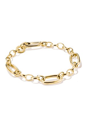 Goldenes Kettenarmband mit abwechselnden ovalen und länglichen Gliedern auf weißem Hintergrund.